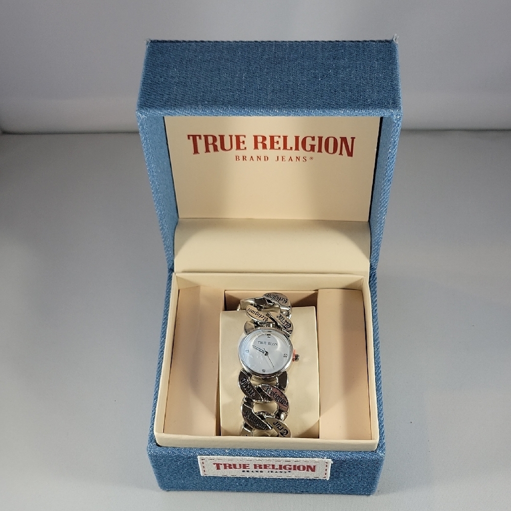 Women's True Religion Silver Bracelet Watch with Chain-Link Band Spell Out